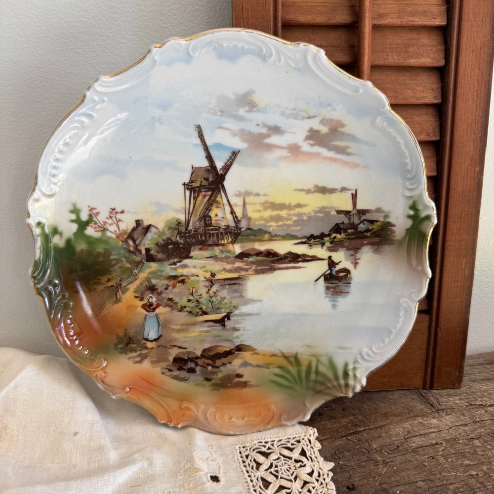 Leuchtenburg Germany Antique‎ Windmill Dutch Landscape Scalloped Gilt Plate 10"